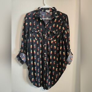 Passport Black Button-Up Shirt with Cactus Print | Womens XL